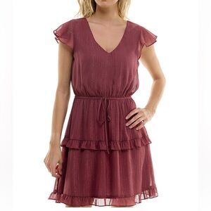 BCX METALLIC FLECK THREAD DARK MAUVE DRESS LINED V NECK RUFFLE TIER SZ XL JR NWT